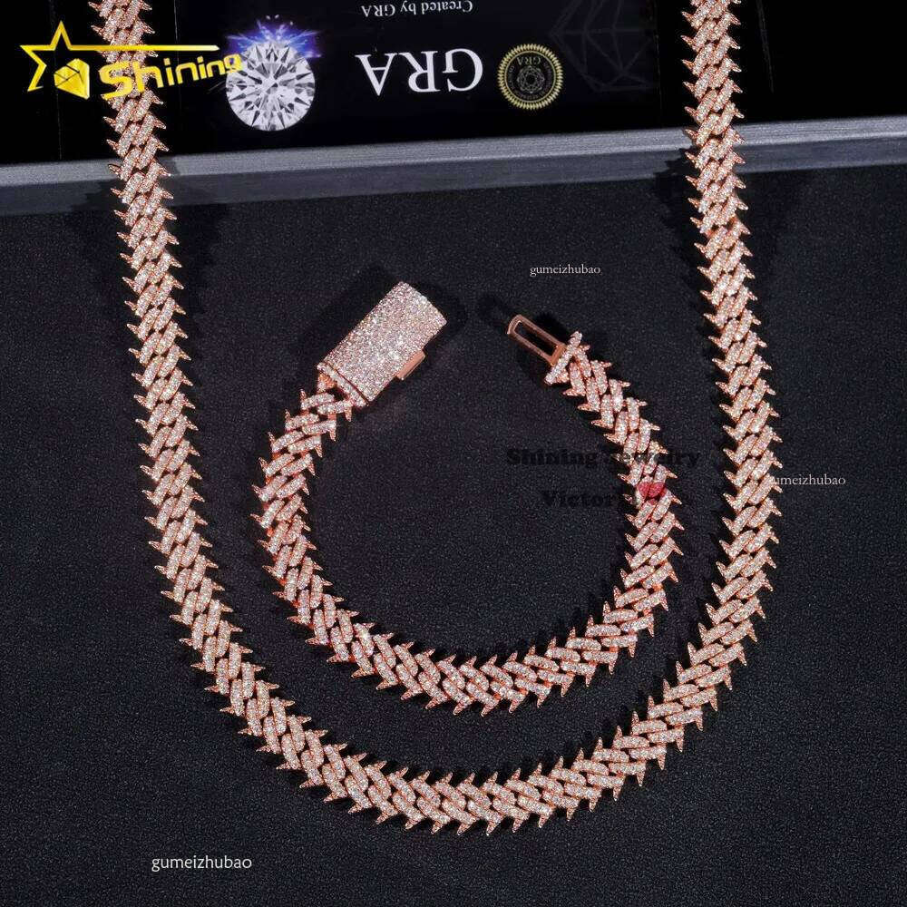 Hot Sale Soild Sier Rose Gold Plated Hip Hop Necklace 10MM VVS Moissanite Dia Spike Cuban Link Chain