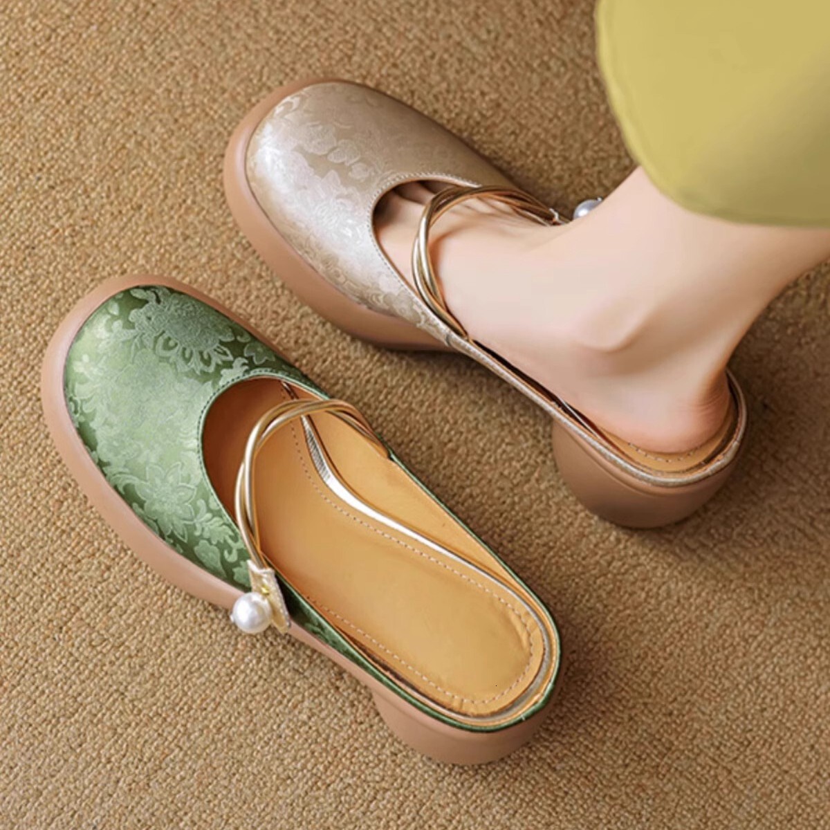 Ddmyoutdoor Petite Thick Soled High Heeled Closed Toe Sandals For Women Summer Chunky Heel Chinese Style One Strap Outdoor Half Slippers Outdoor Shoes