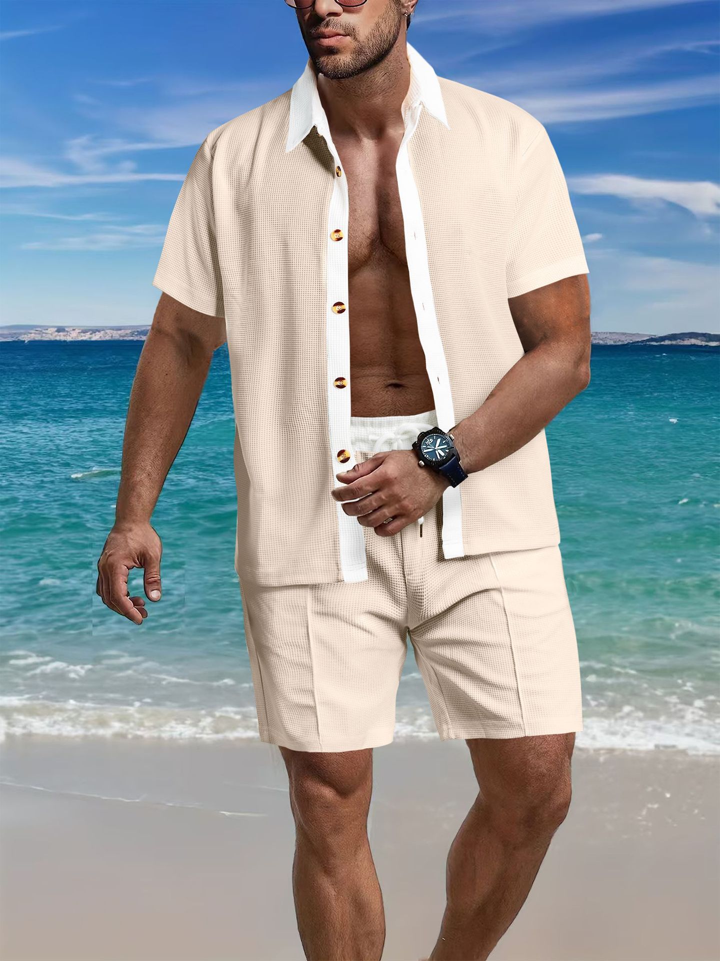 Sportswear Set Casual Sportswear two-piece set of short sleeves and shorts summer loose casual color-blocked beach shirt suit S-3xl