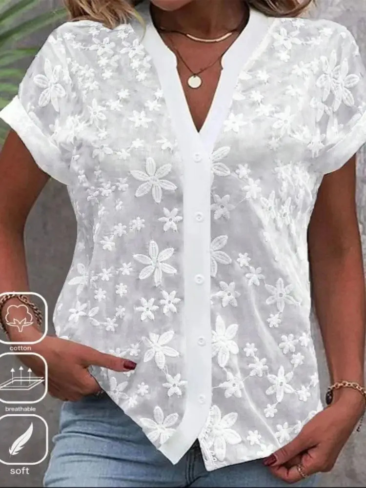 Cropped Shirt White Lace Blouse Eyelet Cut y Top Wear Hollow Out Womens Summer Clothing 250614
