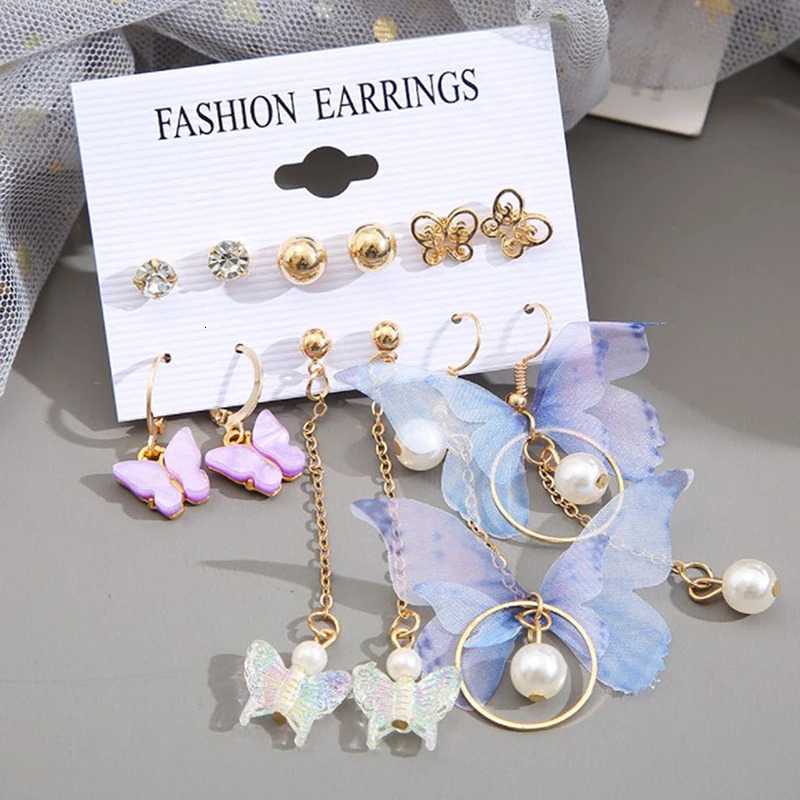 6 Pairs Korean Charm Gold Butterfly Stud Earrings Set For Women Girls Fashion Metal Long Tassel Chain Pierced Earrings Jewelry 250610