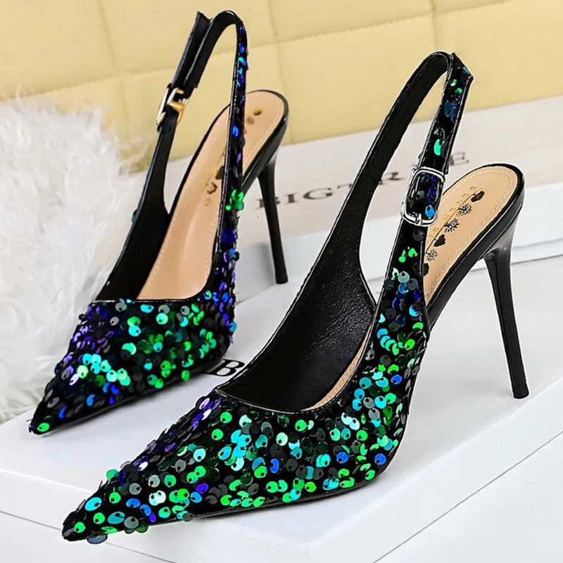 BIGTREE Spring Fashion Sequined Cloth Woman Pumps Pointed Toe Thin Heels Hollow Buckle Strap Wedding Party Elegant Ladies Shoes 250613