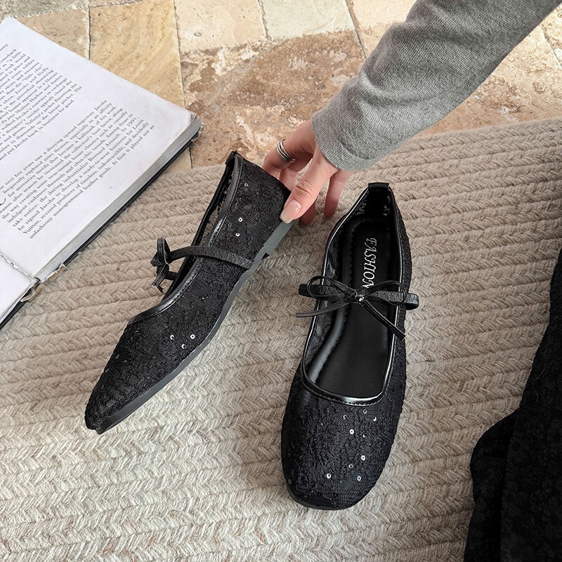 Ddmyoutdoor Gentle Evening Breeze Bowknot Ballet For Women New Fairy Hollow Mesh Lace Embroidered Single Shoes Outdoor Shoes