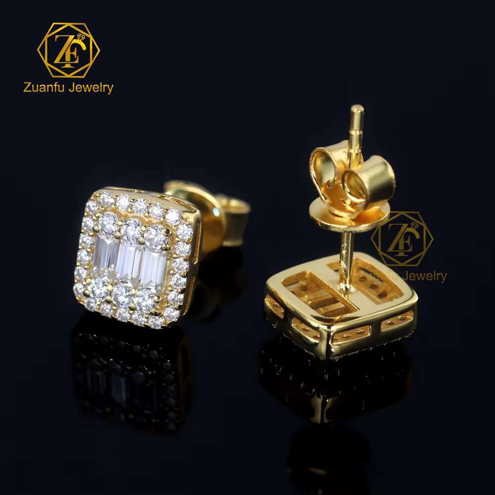 Wholesale Jewelry Hip Hop Iced Out Classic 925 Silver Baguette Moissanite Stud Earrings for Men Women