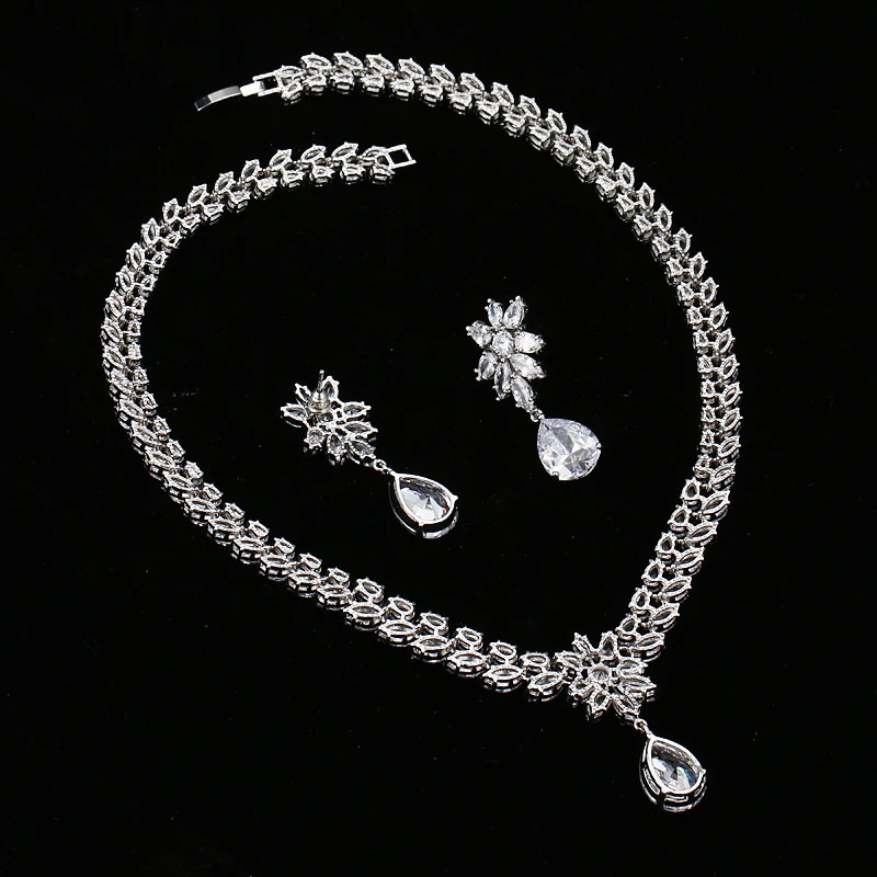 EMMAYA Romantic Trendy Flower Water Drop CZ Wedding Jewelry Sets For Brides Silver-color 250530