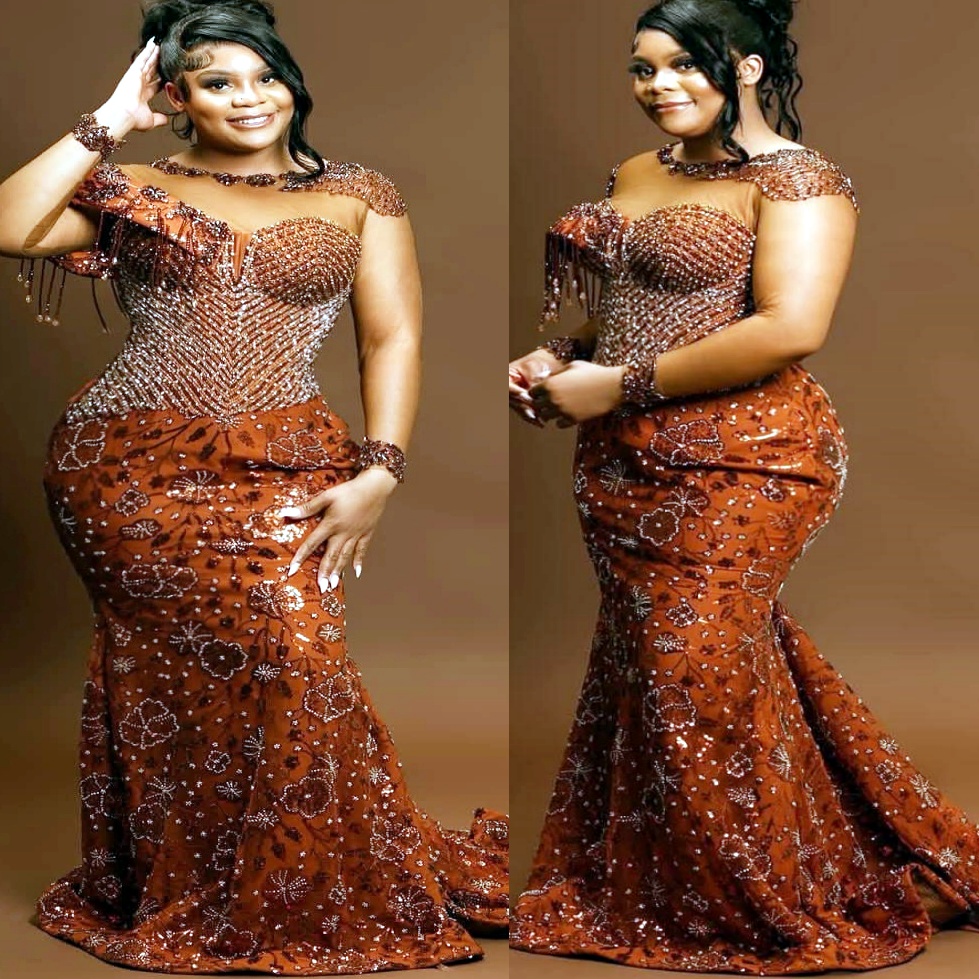 Brown Mermaid Prom Dresses 2025 Beaded Crystals Floral Lace Sparkly Evening Formal Party Second Birthday Engagement Gowns Plus Size Dress For Special 