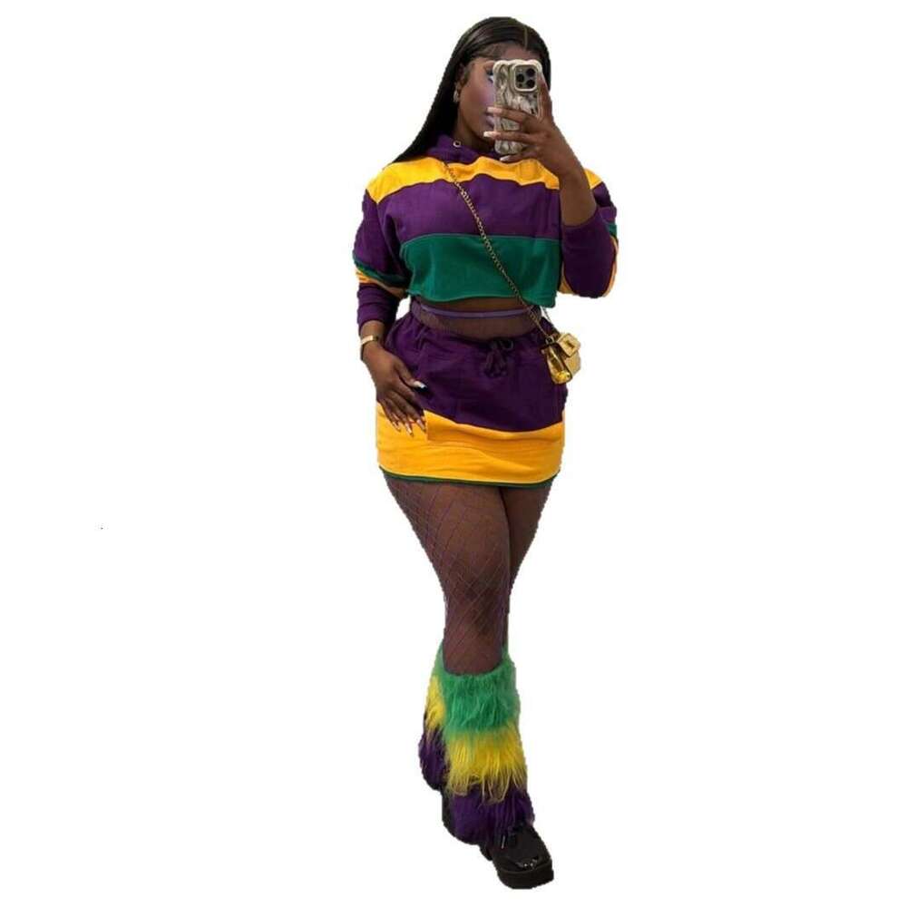 New Orleans Festival Color-Block Trendy Striped Loose Short Top With Tie Waist Bodycon Skirt Set B5