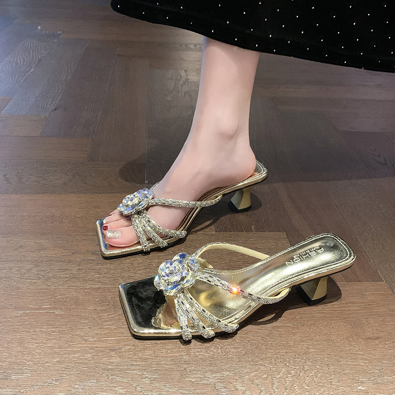 Ddmyoutdoor Summer New French Fairy Style Fashion Rhinestone Strip One Shoe Two Wear Versatile Stiletto Heel Sandals Outdoor Shoes