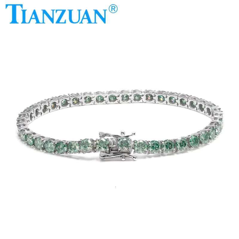 925 Sterling Silver Hip Hop Iced Out Green Round Brillant Moissanite Tennis Chain Bracelet Synthetic Diamond Jewelry