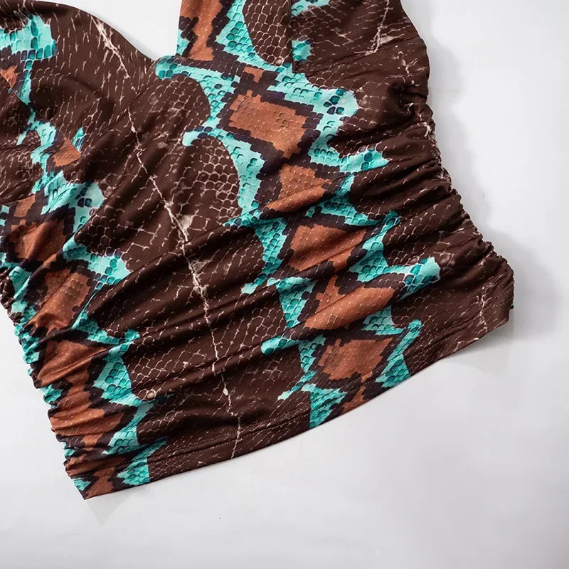 Serpentine Print Women Sexy Vneck Lace Up Halter Backless Pleated Tank Crop Tops Spring Y2K Streetwear Vests Club Tees 250611