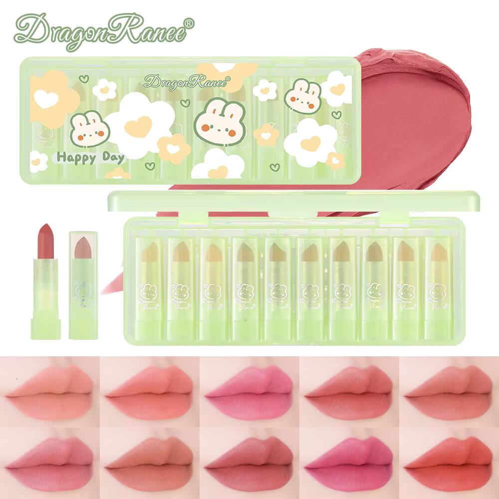 Dragon Ranee10pcs Matte Velvet Green Bunny Translucent Waterproof Sweatproof Non-Stick Lipstick Set happy