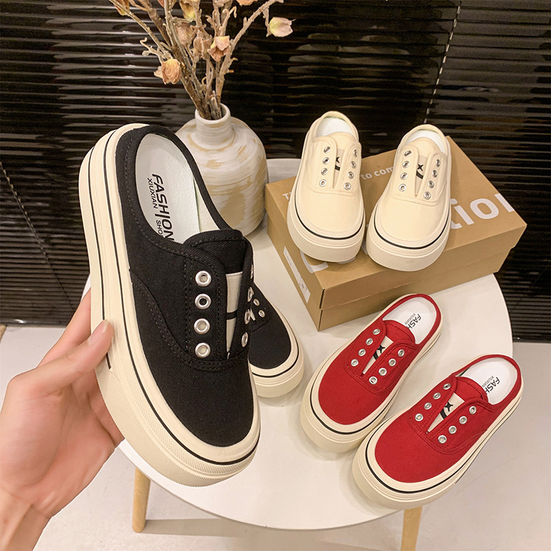 Ddmyoutdoor Baotou Half Slippers For Women Summer New Casual Canvas Shoes Without Heel Versatile Lazy Slip On Thick Sole Ins Outdoor Shoes