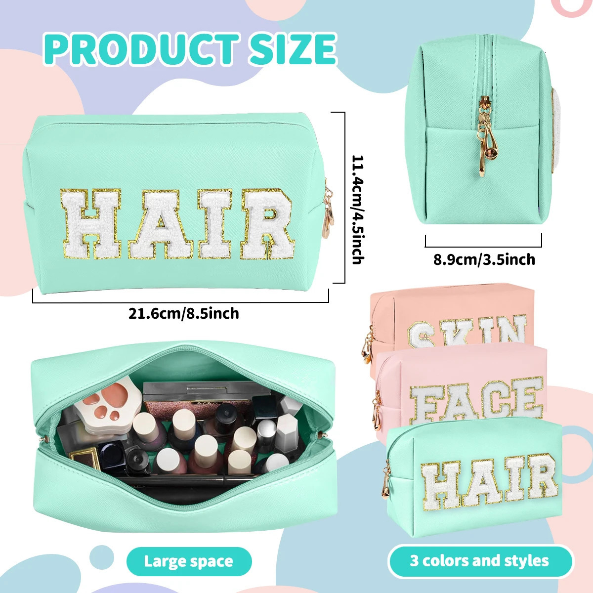 Chenille Letter Cosmetic Bag PU Leather Waterproof Pouch Cute Zipper Organizer Skin Hair and Facezmt 250614