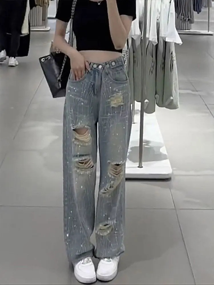 Female Cowboy Pants with Rhinestones Womens Torn Jeans High Waist S Wide Leg Trousers Summer Unique Shiny Original Pant 90s 250612