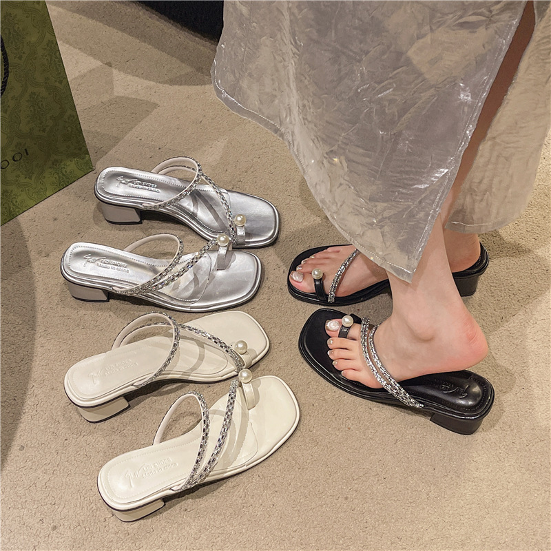 Ddmyoutdoor Fairy Style Chunky Pearl For Women Outdoor Summer New Rhinestone Mid Heel Roman Toe Post Sandals Outdoor Shoes