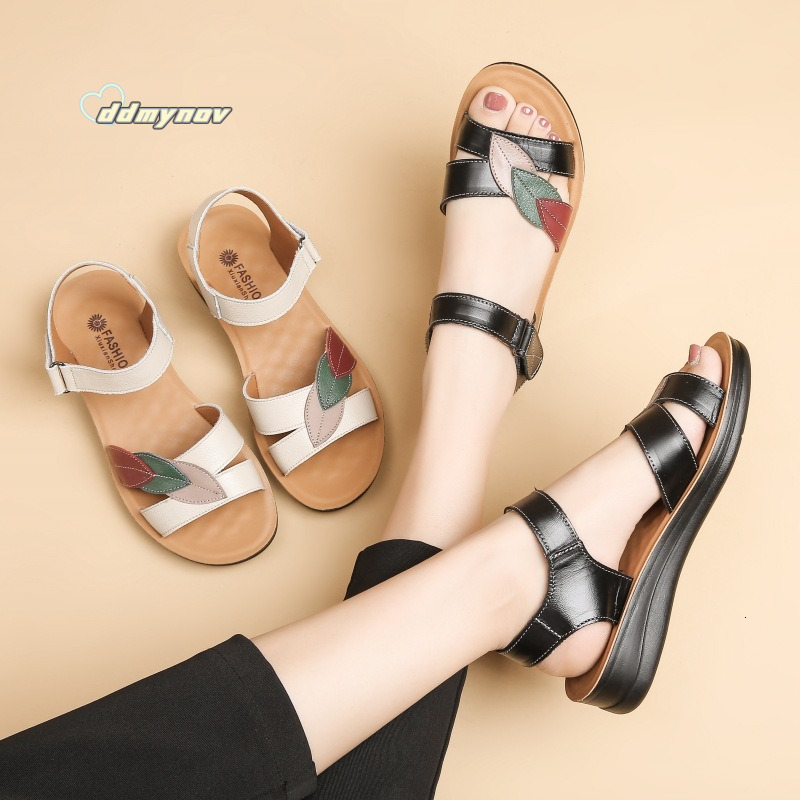Top Layer Cowhide Mom Sandals Genuine Leather 50 Years Old Summer Soft Sole Women's Shoes Middle-aged Flat Elderly Non-slip Women ddmynov