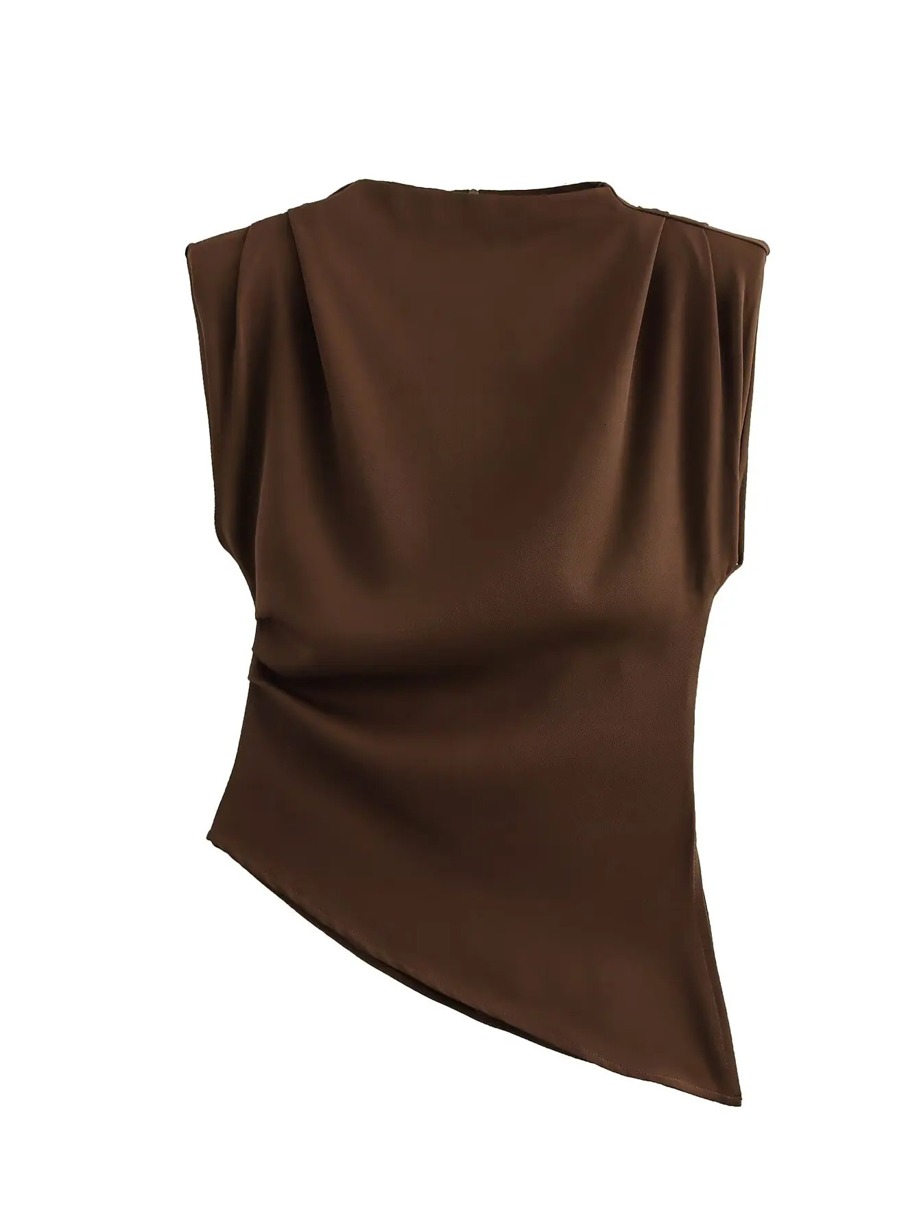 Zevity Women Fashion Sleeveless Solid Color Pleated Casual Vest Blouse Female Hem Irregular Shirt Blusas Chic Zipper Tops LS9248 250614