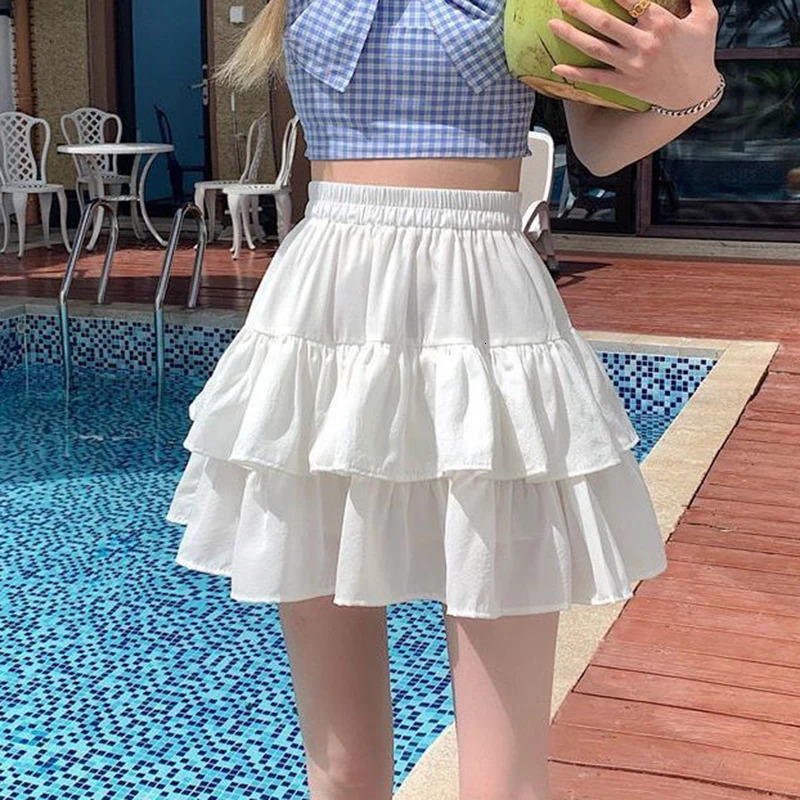 Pleated ALine Skirt Women White Ruffle Sweet Tierred Pretty Style Elastic Waist Summer Slim Basic Korean Harajuku Dress 250611