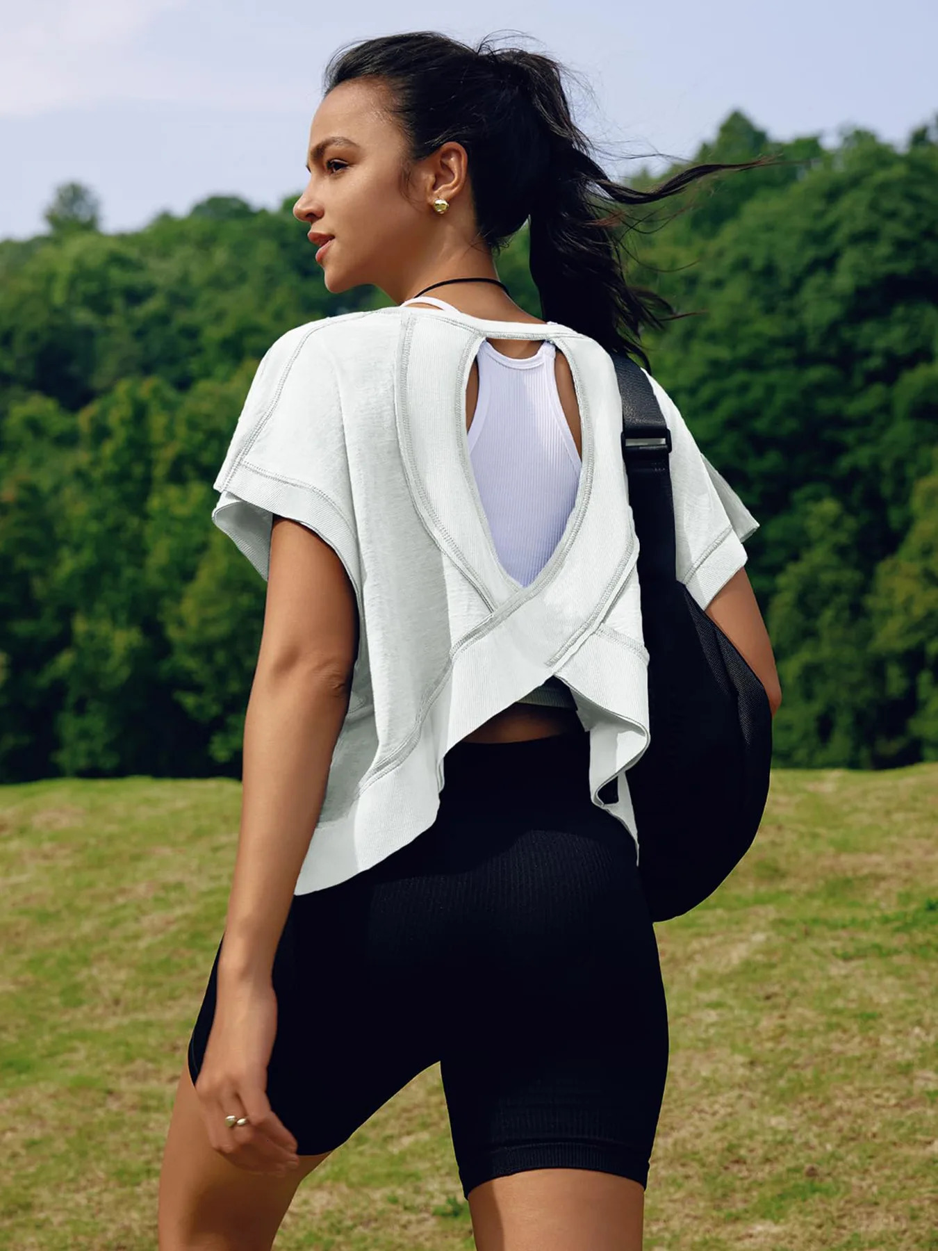 Womens Summer Cotton Workout Tops Open Back Short Sleeve Blouses Y2k Athletic Tshirt Casual Gym Yoga Tee 250614