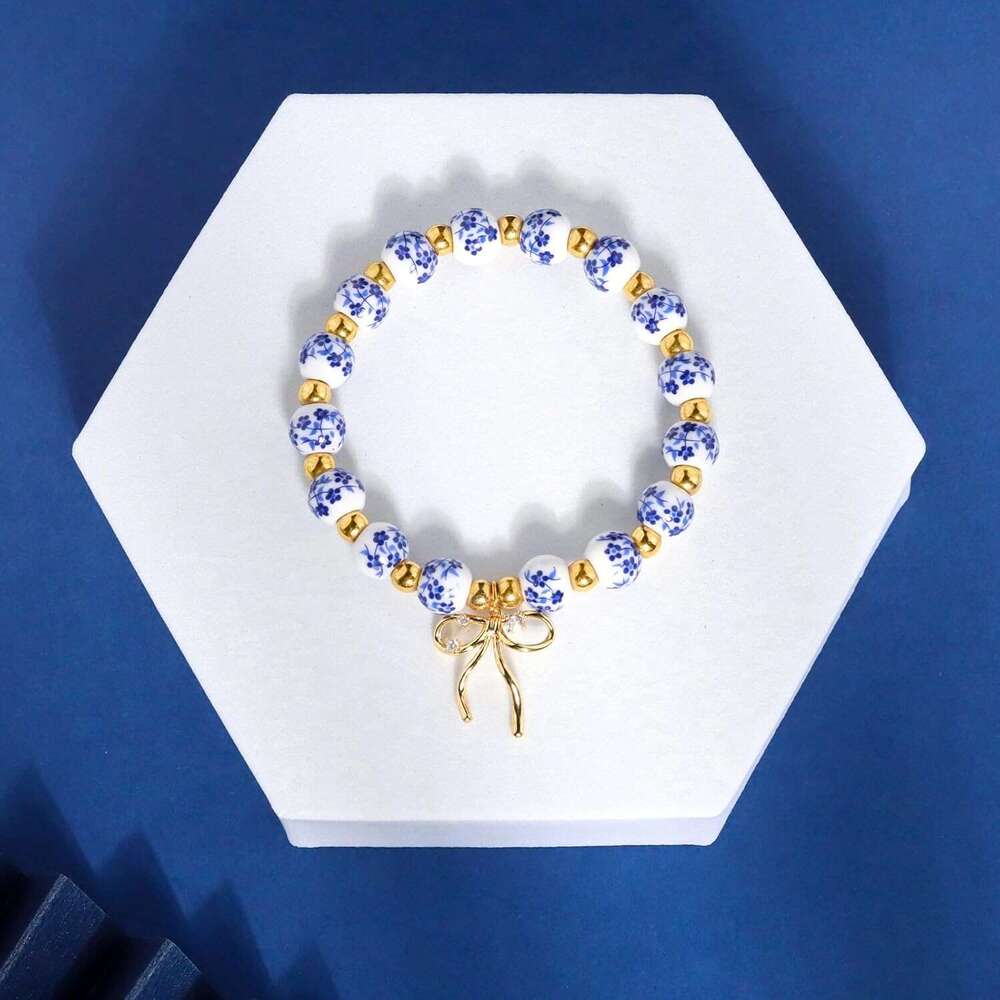 Blue and White Porcelain Beaded for Women Handmade Stretch Bracelet with Bow Charm Vintage Chinese Floral Style Jewelry Gift
