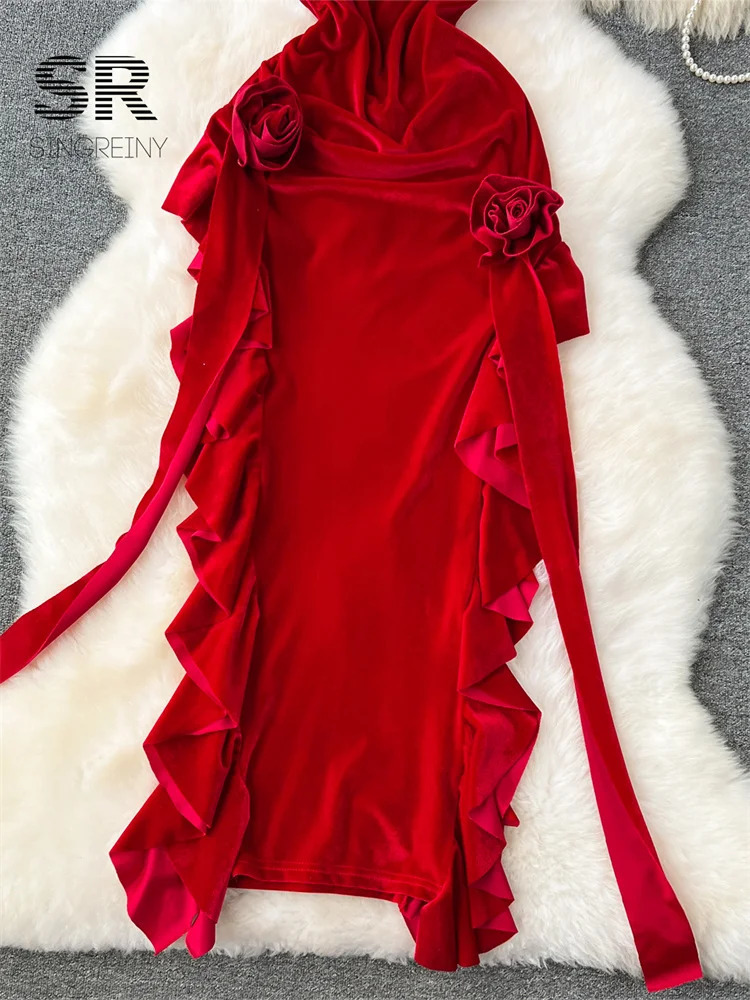 SINGREINY Summer Velvet Party Long Dress Strap Ruffles Sweet Split Beach Sundress Korean Streetwear Korean 3D Floral Midi Dress 250612