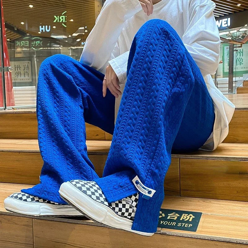 Men High Street Sweatpants Fashion Loose Casual Side Slit Straight-Leg Pants Vintage Blue Jacquard Casual Bottoms Male Clothes 250529
