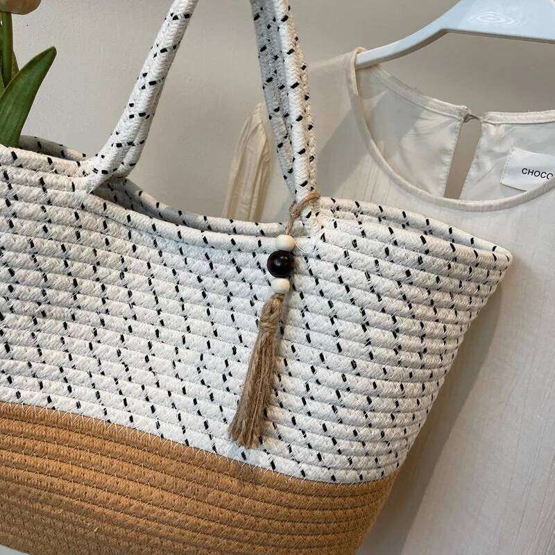 Quality Summer Beach Tote Bags For Women Cotton Rope Woven Contrast Color Large Capacity Shopper Shoulder Totes With Tassels