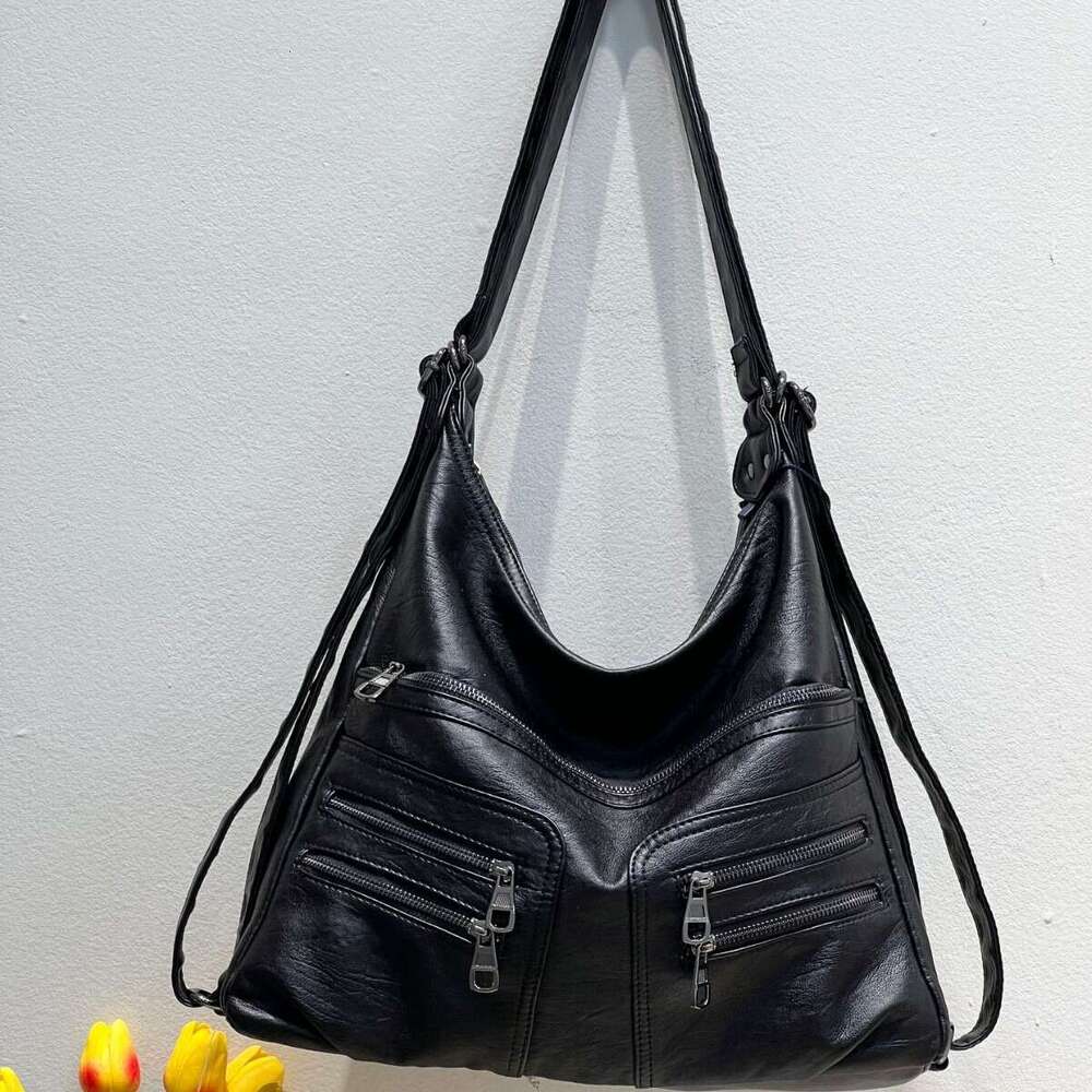 New Large Capacity Washed PU Women's Trendy Fashion Shoulder Versatile Backpack Soft Leather Crossbody Multi-use Bag