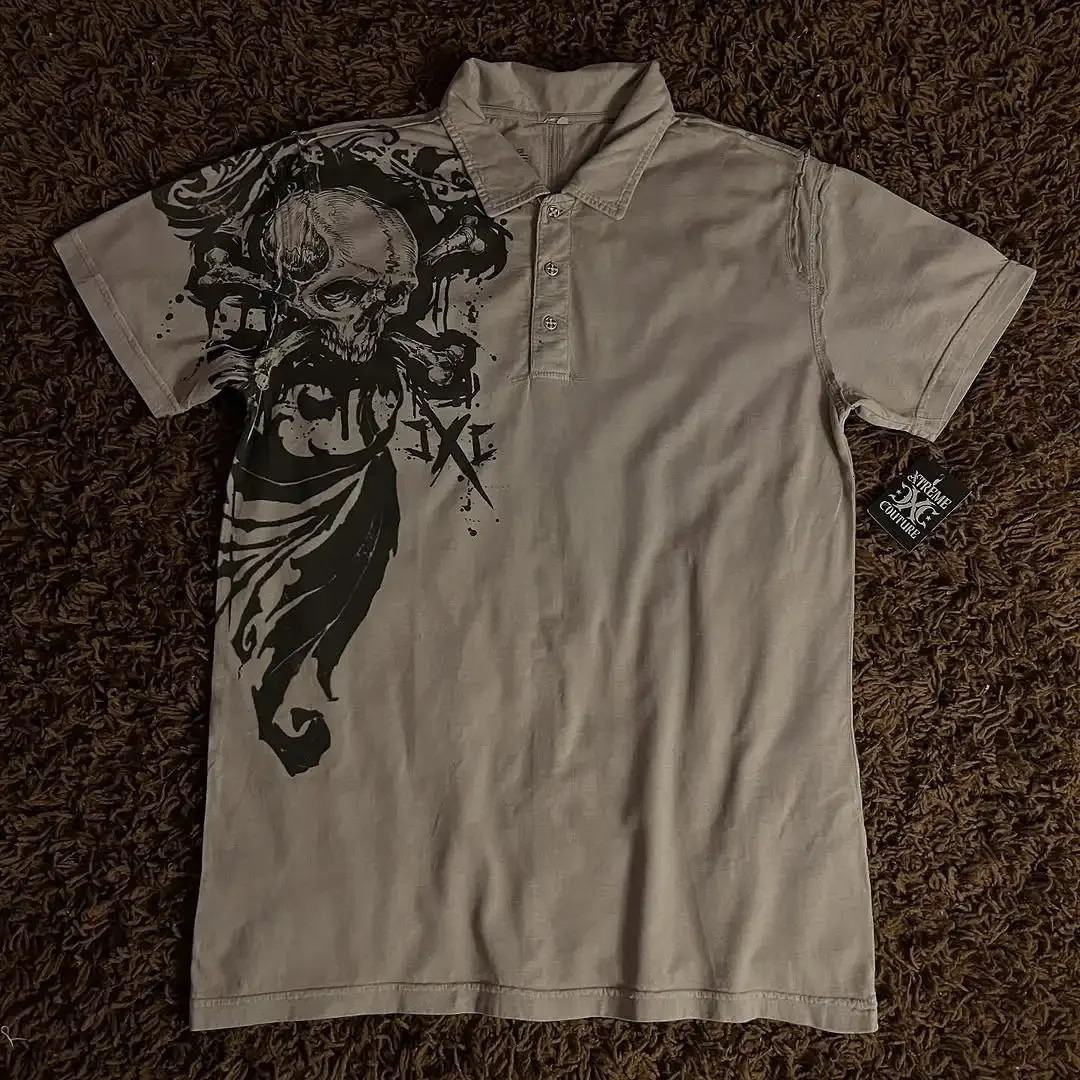 American Streetwear Shirt Y2K Hip-hop Punk Print Polo Shirt for Men and Women Fashion Trend Retro Short Sleeved 250614