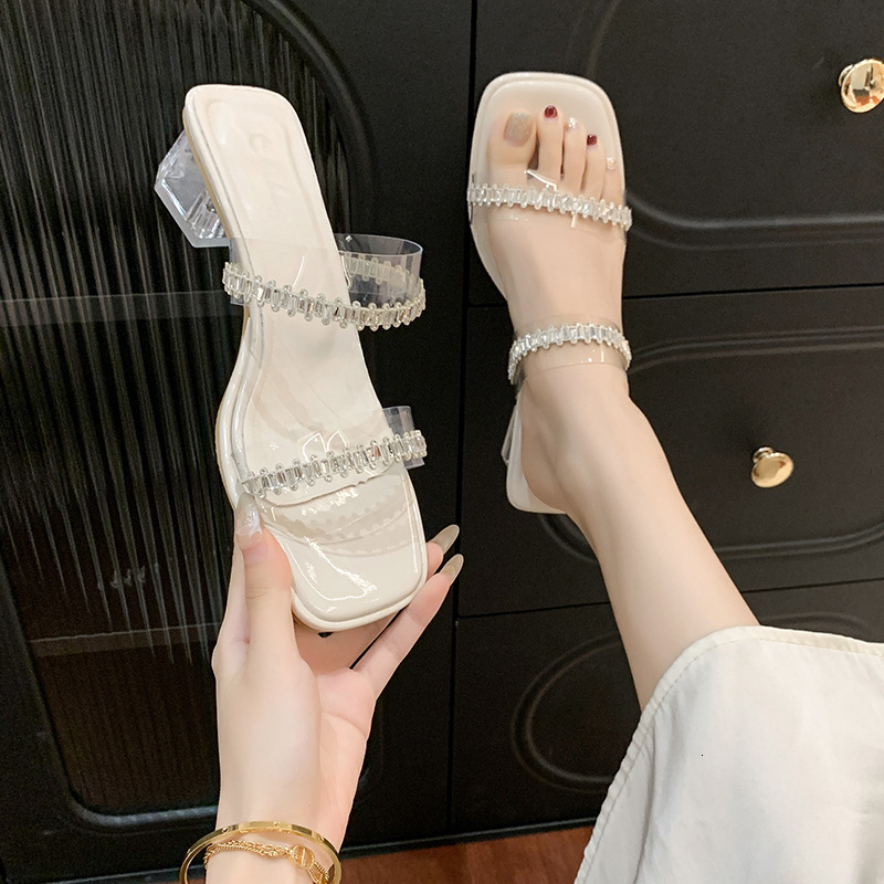 Ddmyoutdoor Transparent Crystal Chunky High Heel Sandals For Women Summer New Silver Rhinestone One Strap Versatile Slippers Outdoor Shoes
