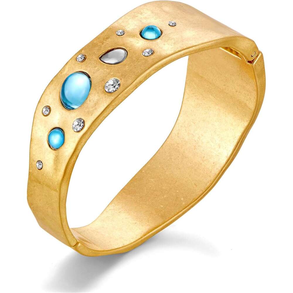 Chunky Bangles for Women Vintage Matte Hinged Bangle with Blue Crystal Irregular Wide Statement Gold Bracelets