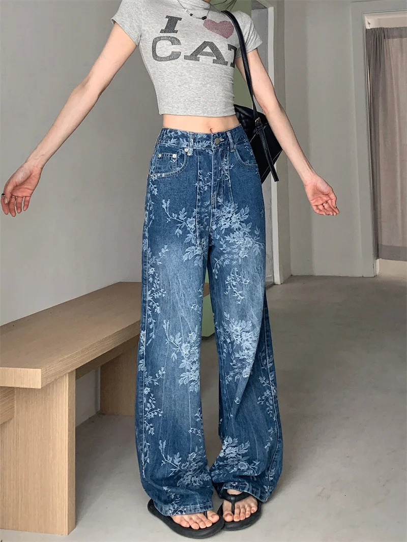 Premium Y2K Jeans Artistic Floral Printed Distressed Denim Relaxed Straight Leg Palazzo Pants 2664 250612