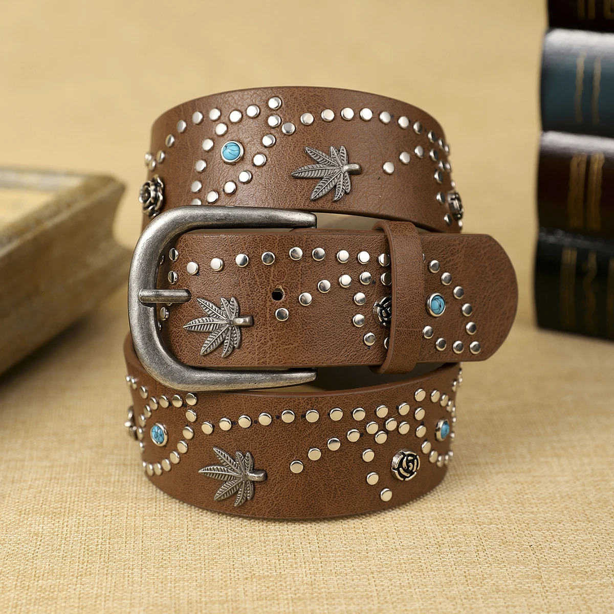 1 womens coffee color PU belt bohemian style belt metal flowers fashion clothing must-have shopping first 250610