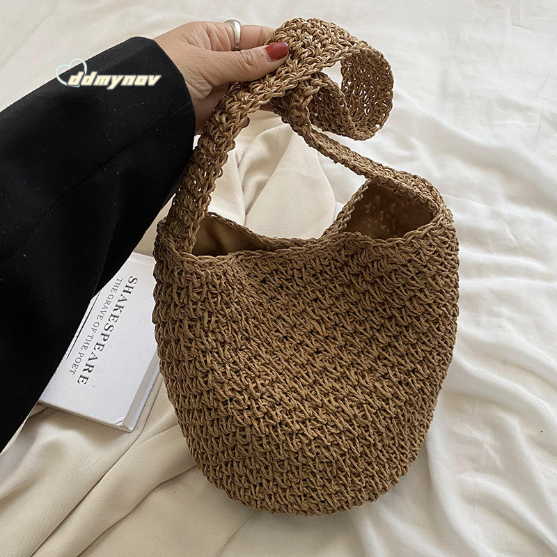 New Bucket Woven Fashion Single Shoulder Casual Straw Women's Vacation Forest Style Hollow Beach Bag ddmynov
