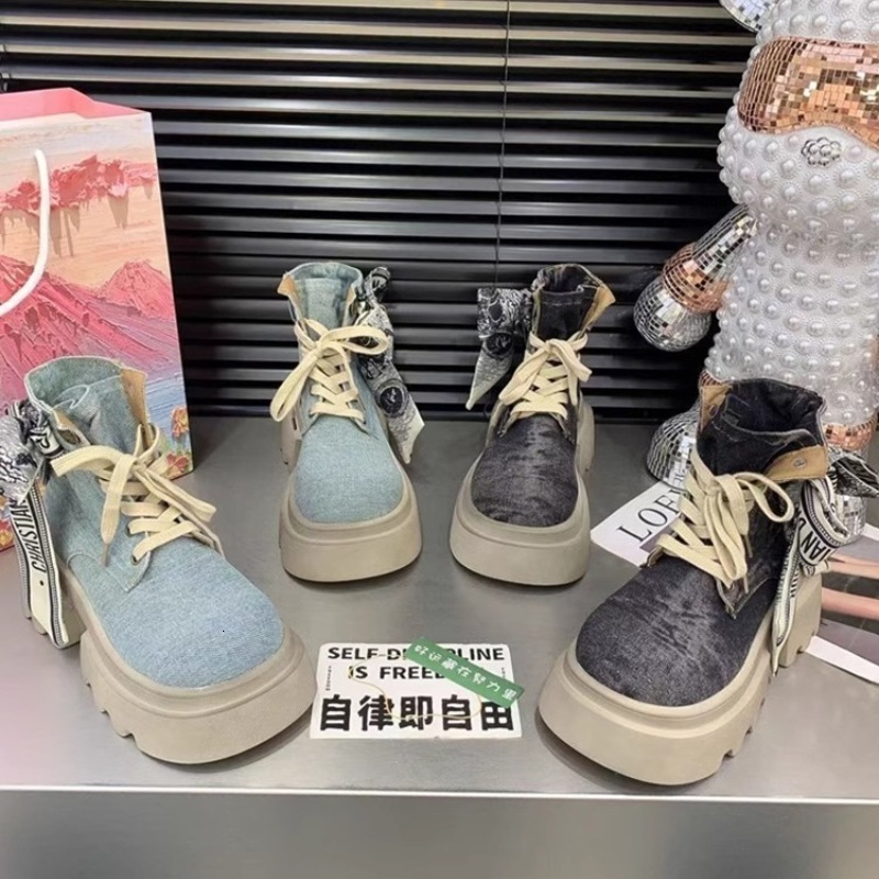 Ddmysports Summer New Canvas Martin For Women Thick Sole Height Increasing French Style With Skirt Bowknot Lace Up Single Boots Outdoor Shoes