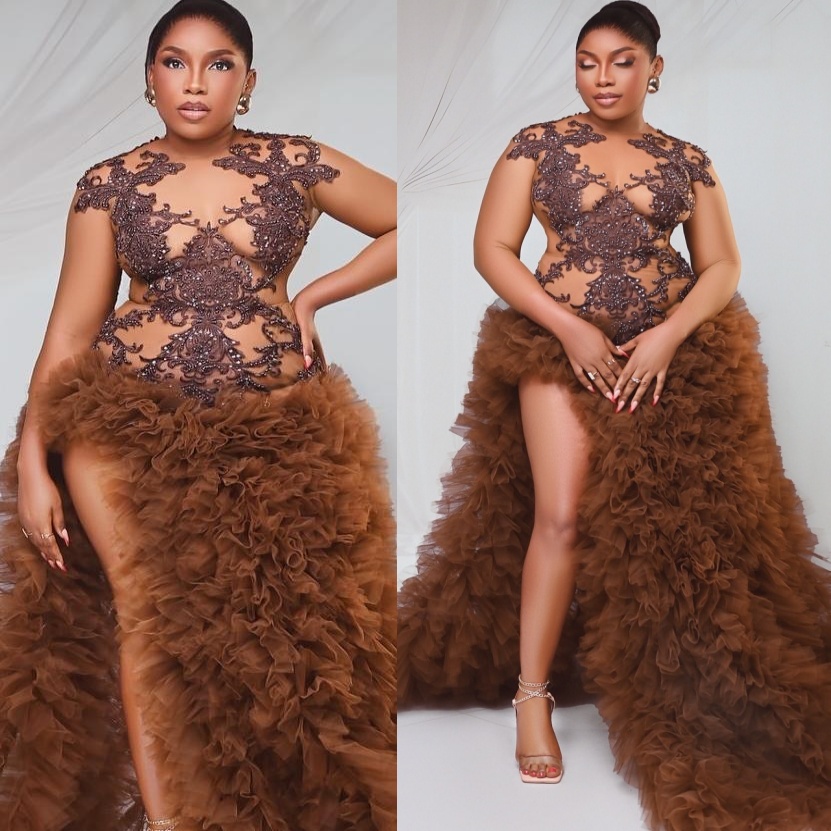 Chocolate A-line Prom Dresses 2025 Lace Beaded Tulle Tiers Evening Formal Party Second Birthday Engagement Gowns Plus Size Dress For Special Occasions