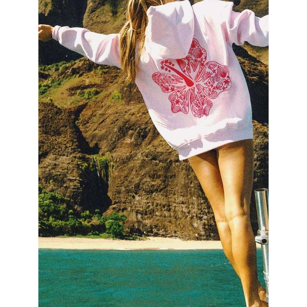 Women s Floral Embroidered Long Sleeve Beach Hoodie Oversized Sweatshirt Casual Streetwear Pullover Top