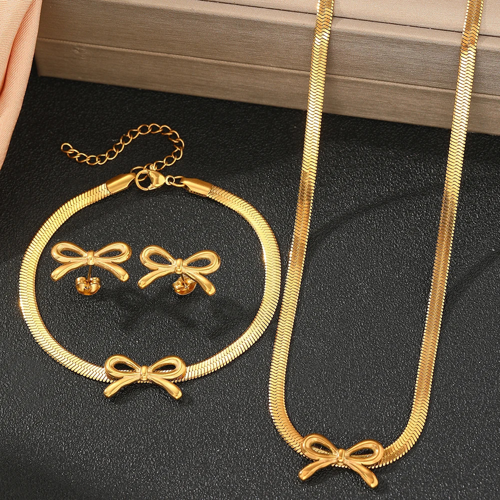 Stainless Steel Jewelry Set Blade Chain Bow n Bracelet Necklace Earrings 3 Piece Jewelry Set For Women Jewelry Party Gifts 250609