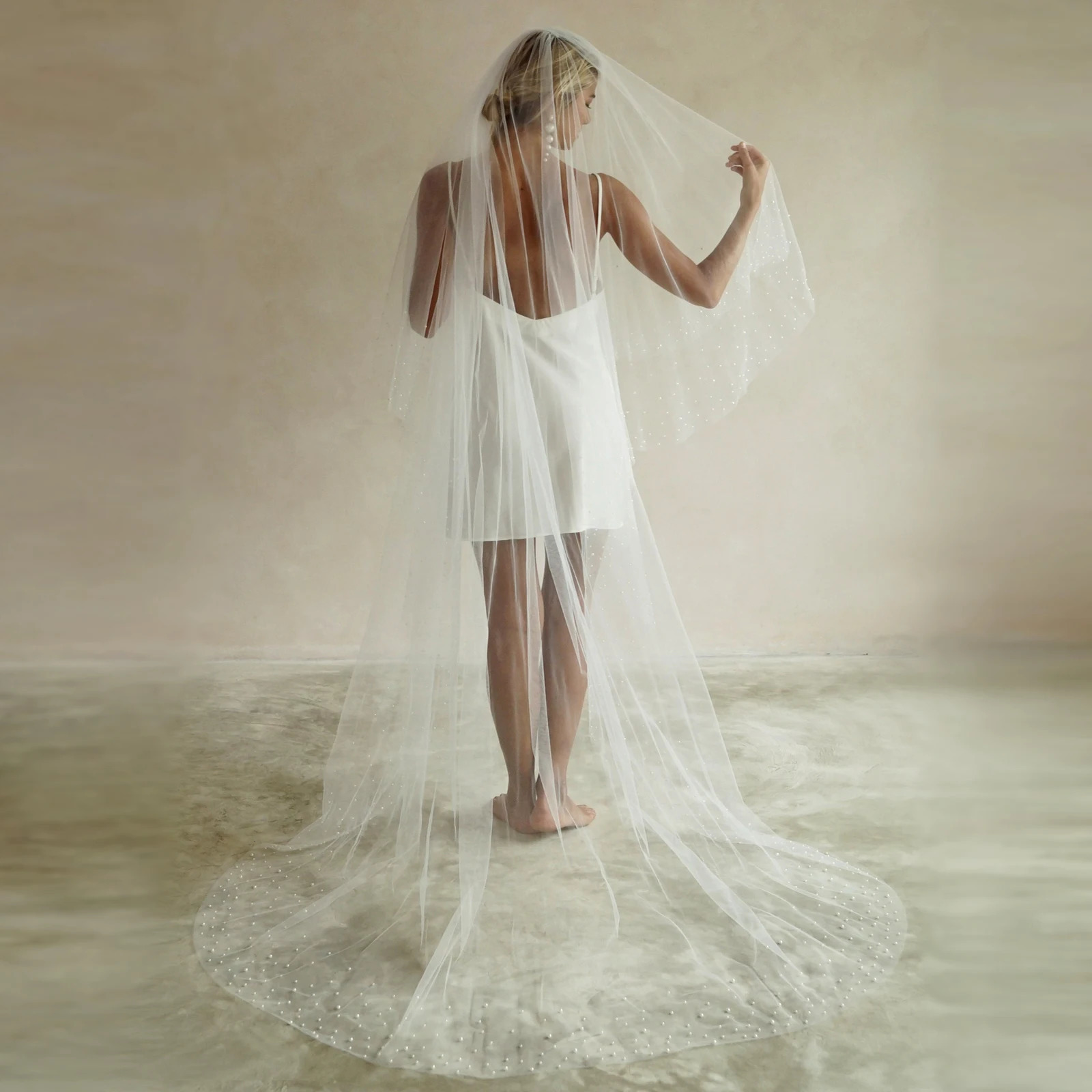 2 Tiers Wedding Veil Long Pearls Beaded Bridal Veils with Blusher Cover Face Cathedral Soft Tulle Wedding Accesories V171 250603