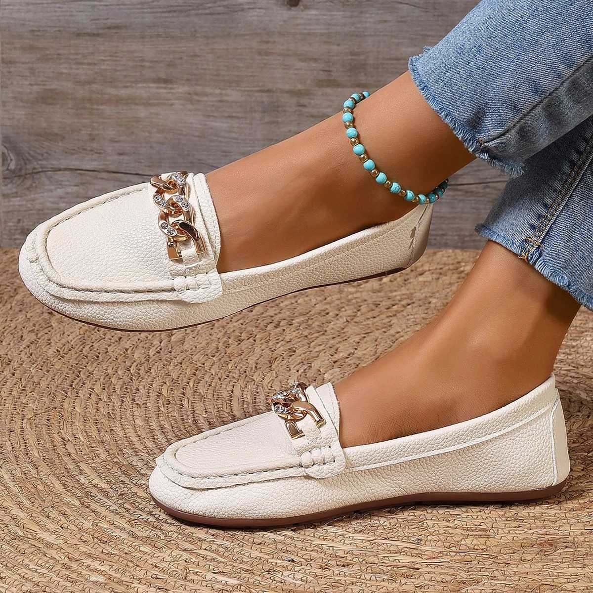 Spring Autumn New Bean Shoes Female Women Round Head Low Heel Knot Chain Casual Footwear Mother Shoes Lady Loafer XJ250614