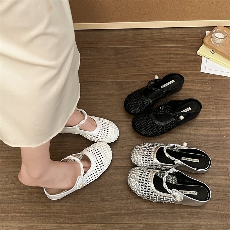 Ddmyoutdoor Hidden Wedge Woven Hollow Out Closed Toe Half Slippers For Women Outdoor Summer New Breathable Thick Sole Sandals To Match Skirts Outdoor 