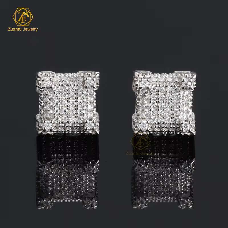 Drop Shipping Iced Out Hip Hop Sterling Silver 925 Silver Gold Plated Screw Back Square Moissanite Diamond Stud Earrings Men