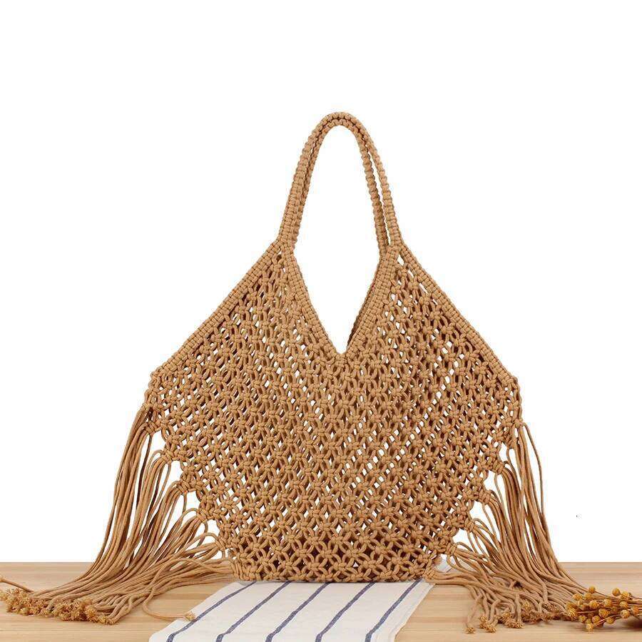 Summer Tassels Grid Woven for Women Irregular Handbags Knitted Beach Shoulder Large Tote Hollow Out Daily Shopper Bag