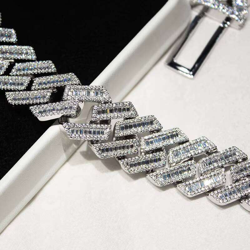 Hip Hop Men 20Mm Width Baguette Three-Row Moissanite Miami Full Iced Out Cuban Link Chain Necklace