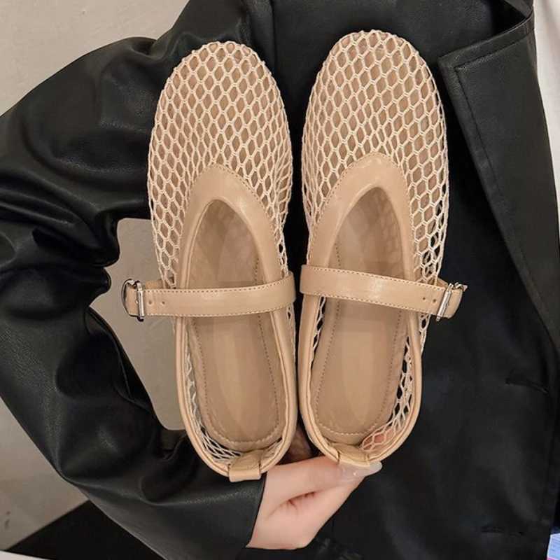 Fishnet Ballet Flats Woman Chic Brand Design Hollow Out Lace Mary Jane Shoes Ladies Summer Sandals Breathable Mesh ZapatosC250613