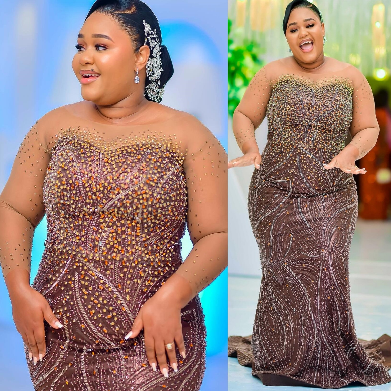 Chocolate Mermaid Prom Dresses 2025 Beaded Crystals Sheer Neck Evening Formal Party Second Birthday Engagement Gowns Plus Size Dress For Special Occas