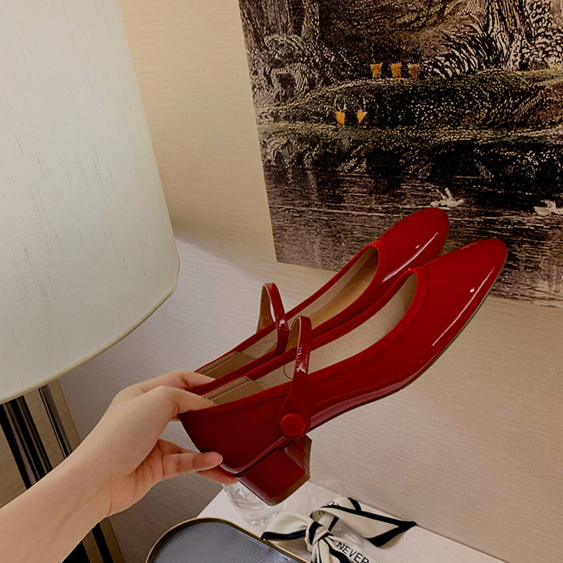 Ddmysheep Ddmysheep Soft Patent Leather Mary Jane French Elegant Hepburn Round Toe Mid Chunky Heel Single Red Ballet Shoes
