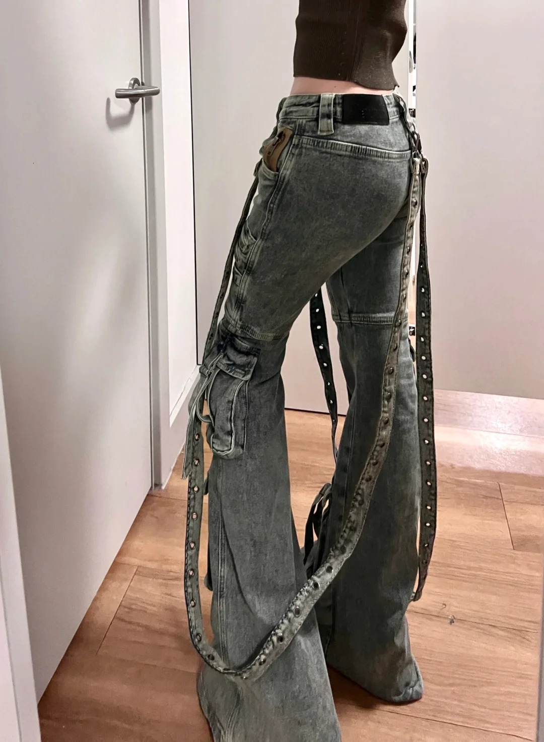 Women Abi Harajuku Y2K Streetwear Pants Low Rise Denim Goblin Core Flare Cargo Jean BellBottom Japanese Long Trouser 250612