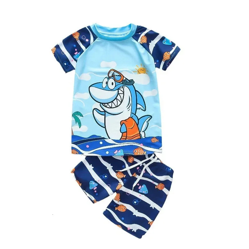 Factory Direct Boys Swimsuit Summer Short Sleeves Cartoon Boys Childrens Two-piece Suit Swimming Cap Swimming Briefs 250614