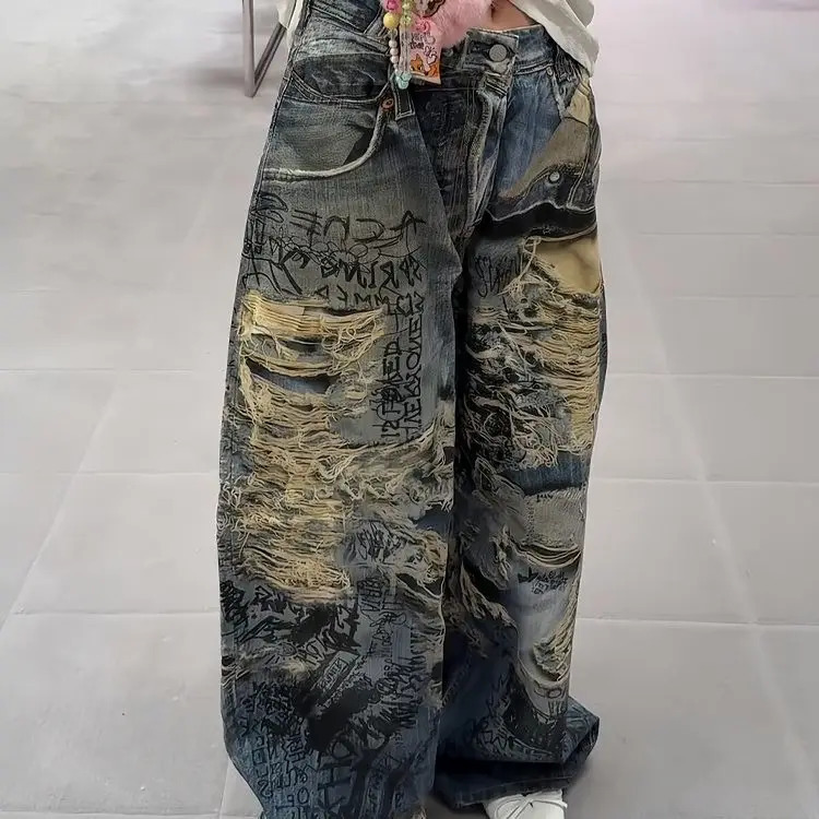 American High Street Big Hole Dirty Dyed Jeans Female Y2K Harajuku Punk Spice Girl Color Printing Extended Mop Pants 250612
